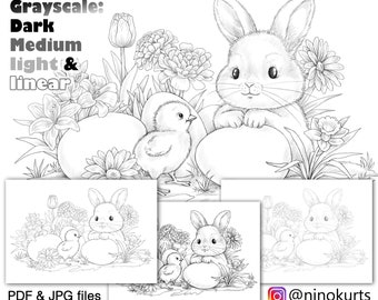 Easter egg bunny and flowers drawings for coloring page. downloadable grayscale, relaxing printable adult colouring illustration