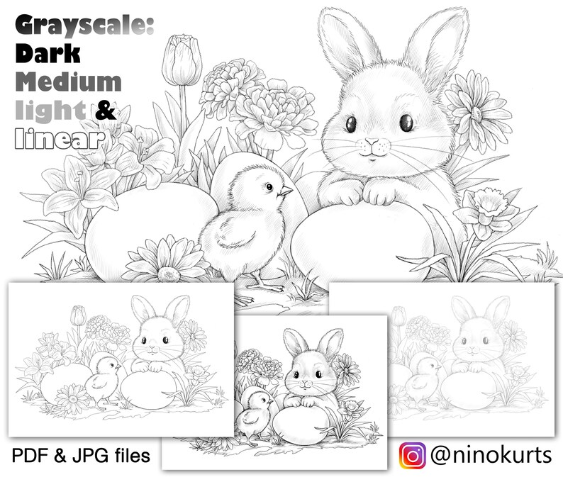 Easter egg bunny and flowers drawings for coloring page. downloadable grayscale, relaxing printable adult colouring illustration image 1