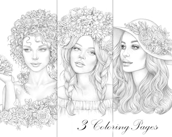 Sets of coloring flower beauties, download grayscale portraits, antistress relaxing printable adult coloring page, fashion girl illustration