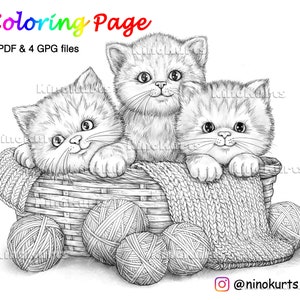 Kittens Coloring Page, Printable Adult Coloring Pages, Antistress, Printable JPG & PDF files