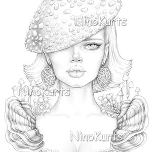 Mushrooms Beauty, downloadable grayscale portrait, antistress relaxing printable adult coloring page, beauty fashion girl illustration