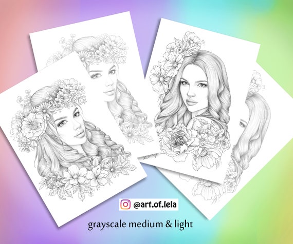 Set of 4 Coloring Pages, Download Grayscale Illustrations, Anti Stress  Relaxing Printable Coloring for Adult, Fashion Beauty Girls Portraits 