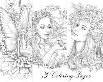 Sets of coloring pages, beauties, download grayscale portraits, antistress relaxing printable adult coloring page, fashion girl illustration