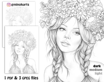 Girl with pigtails, downloadable grayscale portrait, anti stress relaxing printable adult coloring page, beauty fashion girl illustration