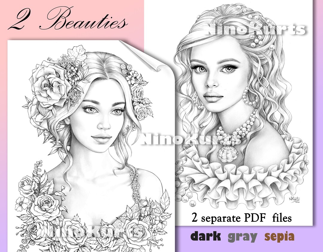Set of 4 Coloring Pages, Download Grayscale Illustrations, Anti Stress  Relaxing Printable Coloring for Adult, Fashion Beauty Girls Portraits 