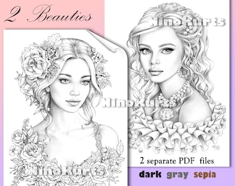 Pearl Beauty, girl with  roses, download grayscale portraits, antistress relaxing printable adult coloring page, fashion girl illustration