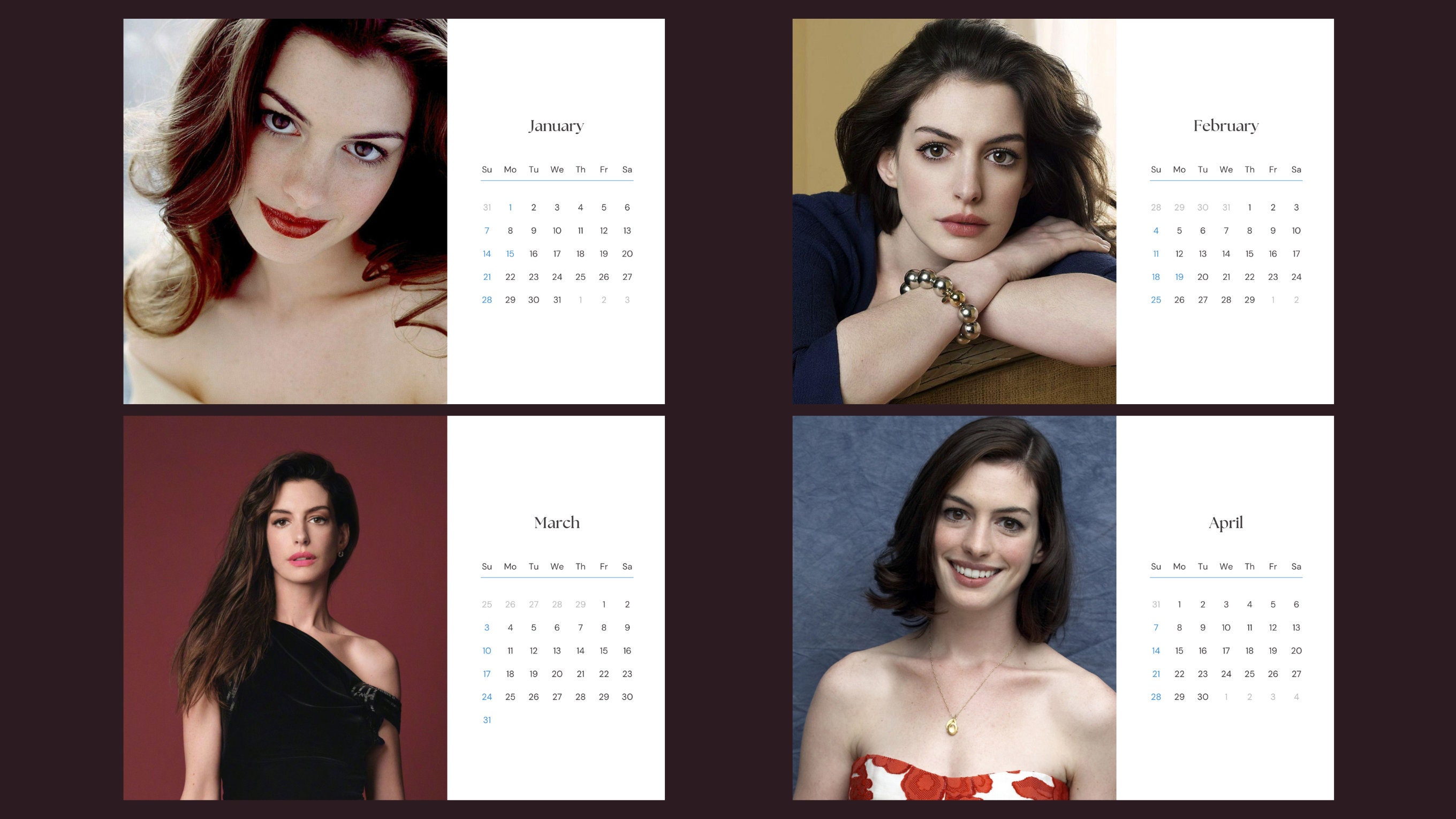 Anne Hathaway 2024 Calendar Printable Etsy Portugal