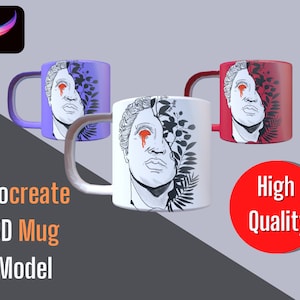 May include: Three 3D mug models with a black and white line drawing of a face with a red tear. The mugs are purple, white, and red.