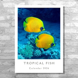 Puede incluir: Calendario con dos peces tropicales amarillos con marcas negras, sobre un fondo submarino azul. Los peces están rodeados de coral. El texto "TROPICAL FISH Calendar 2026" está en la parte inferior.