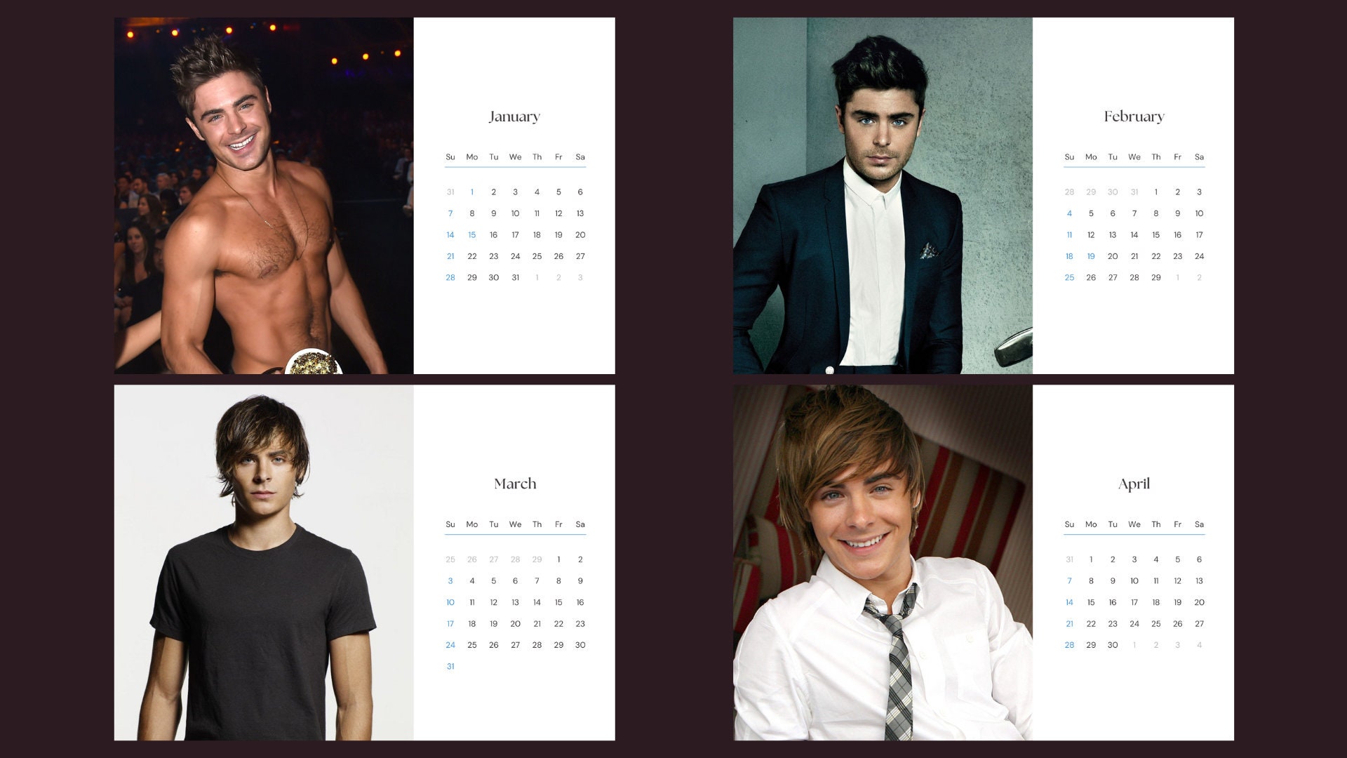 Zac Efron 2024 Calendar Printable Etsy Australia