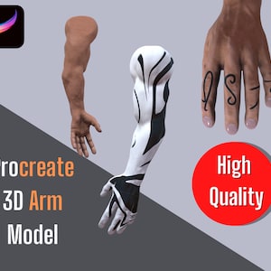 May include: A high-quality 3D model of an arm for use in Procreate. The arm is shown in two poses, one with a detailed tattoo and the other with a more natural skin tone. The model is perfect for adding realistic detail to digital art.
