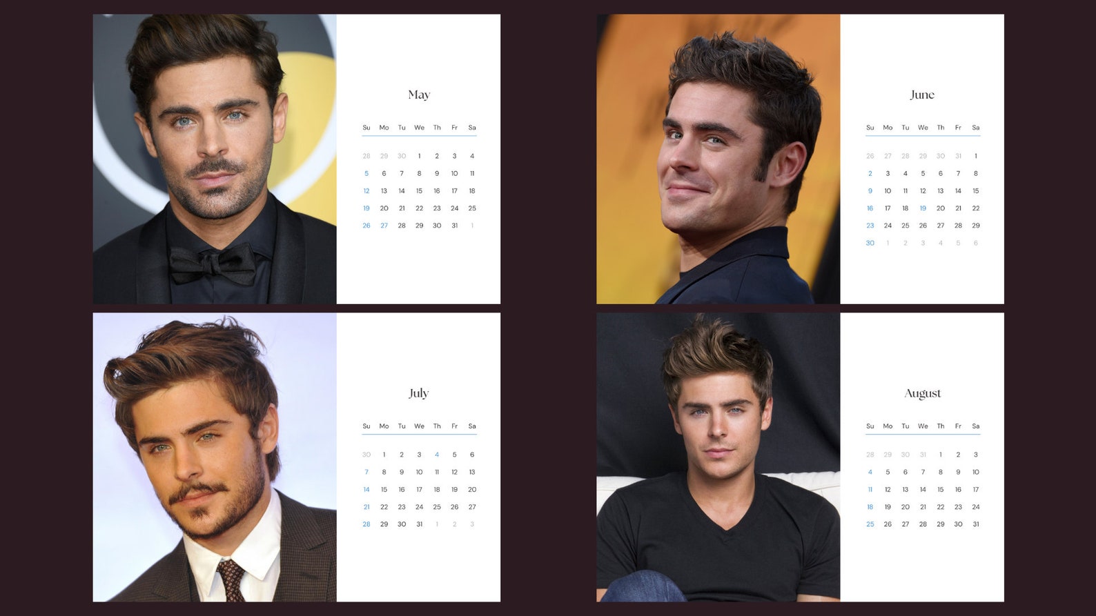 Zac Efron 2024 Calendar Printable Etsy España