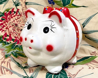 Large Vintage Ceramic Kitschy Piggy Bank Pig With Bow Ribbon