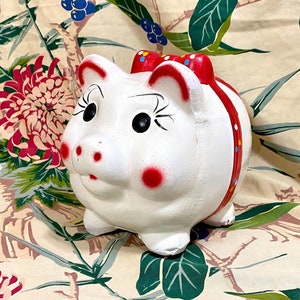 Large Vintage Ceramic Kitschy Piggy Bank Pig With Bow Ribbon