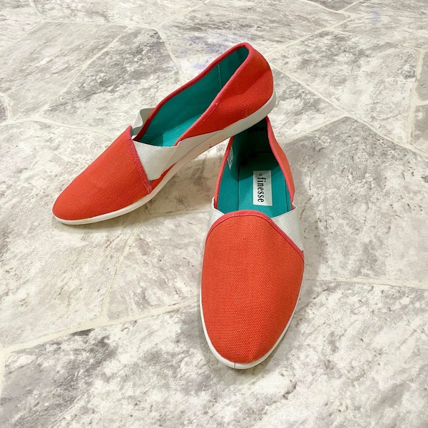 Vintage 80s Flats Slip On Canvas Shoes Peachy Orange Color Teal Inside Color