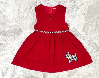 Vintage Corduroy Dress Baby / Toddler With Scottish Terrier Dog