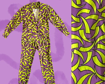 Vintage Abstract Pattern Purple And Lime Green Matching Suit Blazer Jacket & High Waist Pants 90s / 80s