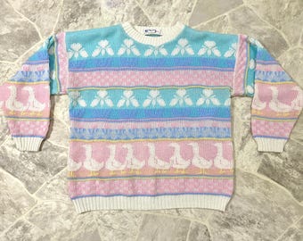 Vintage 80s Pastel Goose, Hearts, Checkered Pattern Crewneck Sweater