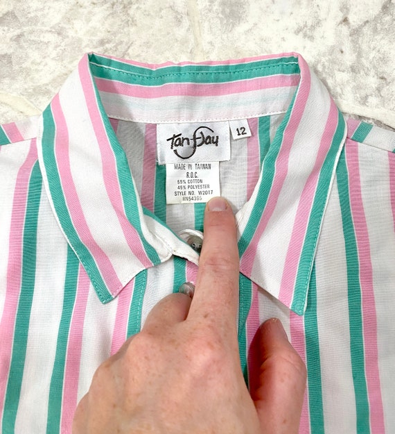 80s Button Up Teal And Pink Striped Shirt - image 2