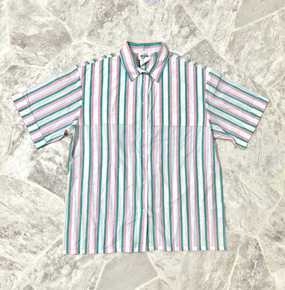 80s Button Up Teal And Pink Striped Shirt - image 5