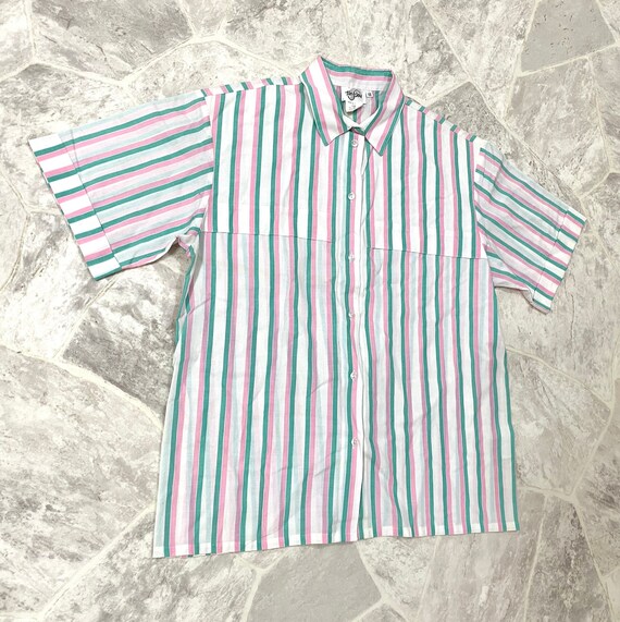 80s Button Up Teal And Pink Striped Shirt - image 1