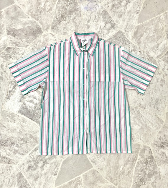 80s Button Up Teal And Pink Striped Shirt - image 3
