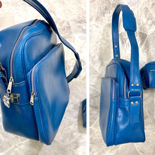 Vintage 60s Blue Mod Traveling Shoulder Bag With Matching Small Bag / Makeup Bag Interpur