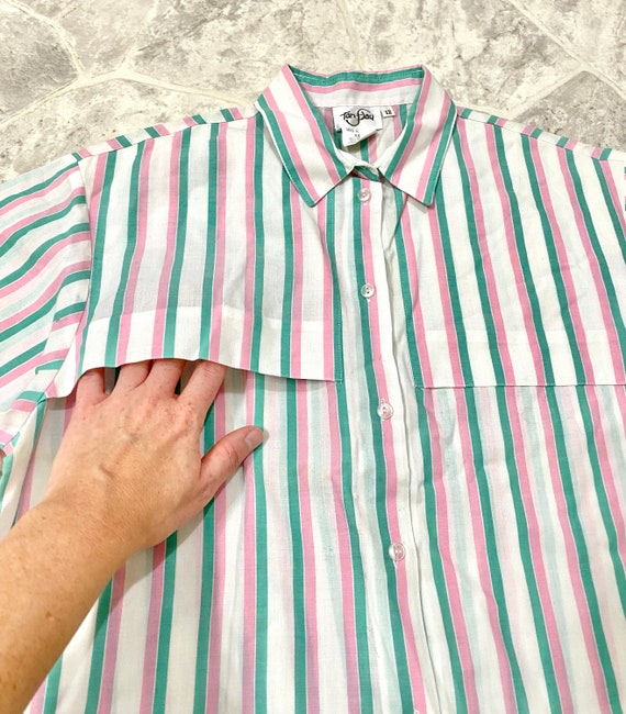 80s Button Up Teal And Pink Striped Shirt - image 6