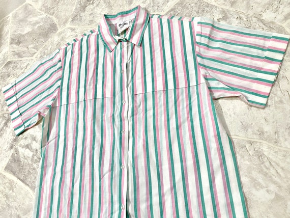 80s Button Up Teal And Pink Striped Shirt - image 4