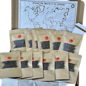 Around the world in 12 coffees | Coffee gift | 12 Freshly Roasted Coffees | For coffee lovers | Coffee map travel world | Gift wrap & tag