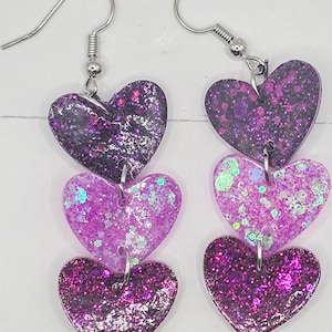 Triple Purple Glitter Heart Resin Earrings