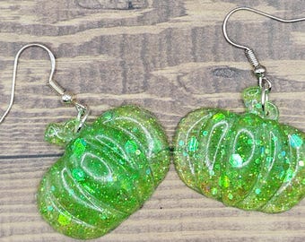 Green Glitter Pumpkin Resin Earrings-Halloween Earrings-Cute Halloween Earrings
