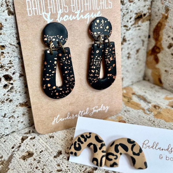 Black Shimmer Clay Earrings | Modern Shape Clay Earrings