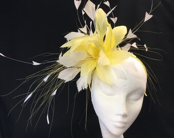 Yellow and white feather Fascinator Wedding Races Mother of the Bride Kentucky Derby Ascot Ladies Day  Good-Wood  Hat Garden party Event