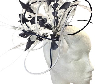 Black and White feather Fascinator Wedding Mother of the Bride Ascot Races Ladies Day Bridesmaid Kentucky Derby Aintree Good- wood Hat