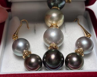 Multiple Color Tahitian Pearl Earrings with Pendant Set