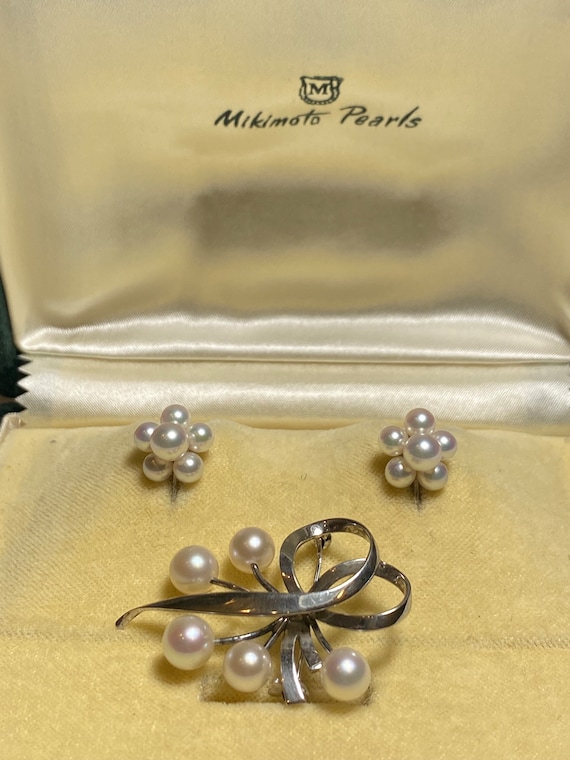 Mikimoto Akoya Pearl Earrings and brooch set - image 1