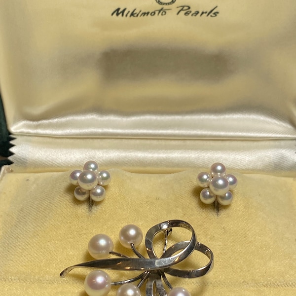 Mikimoto Akoya Pearl Earrings and brooch set