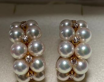 Breathtaking Mikimoto Akoya Cluster Pearl Earrings Clips with Diamonds