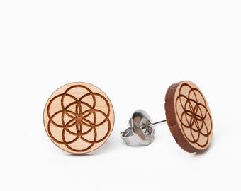 Seed of Life Earrings, Cherry Wood, Maschd Wood Jewelry, Nickel Free, Stud Earrings,