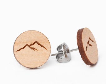 Mountain motif earrings made of cherry wood - Natural earrings for outdoor lovers, Maschd wooden jewelry, adventure,