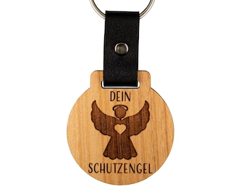 Your guardian angel keychain cherry wood & cactus leather