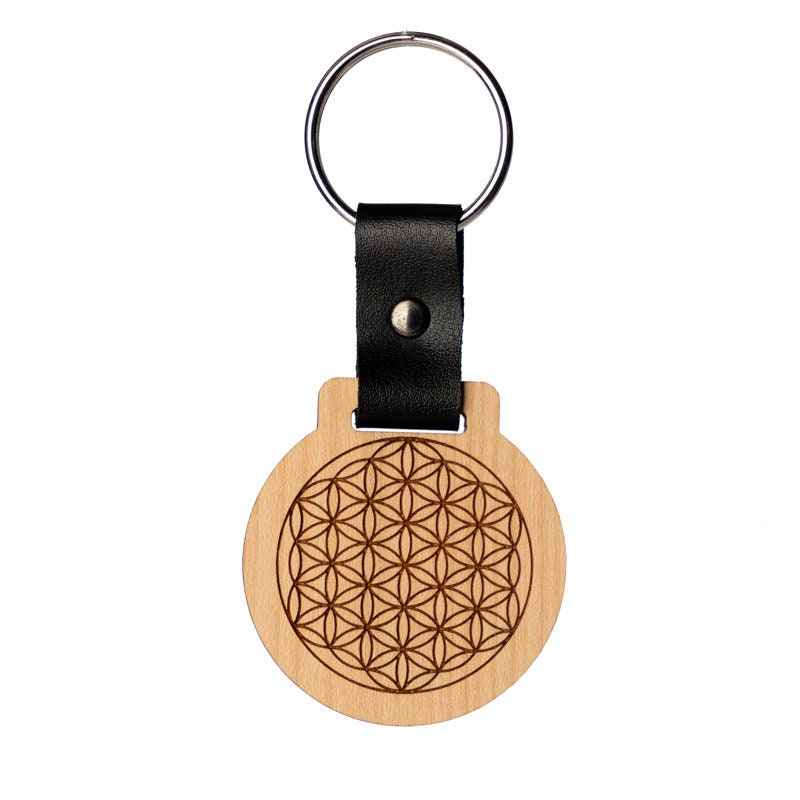 Flower of Life Keychain, Personalized Gift, Engraved, Cherry Wood & Cactus Leather