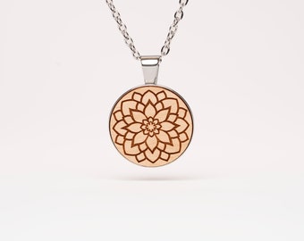 Mandala flower necklace in cherry wood, Maschd wooden jewelry, wooden necklace