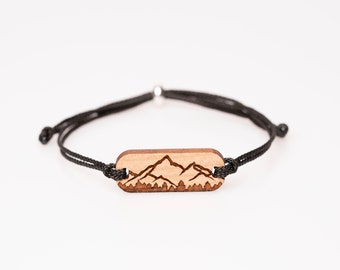 Mountain silhouette elongated bracelet made of cherry wood, personalized, wooden jewelry, friendship bracelet, partner bracelet