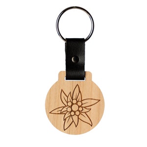 Edelweiss keychain, personalized, gift engraving, cherry wood & cactus leather
