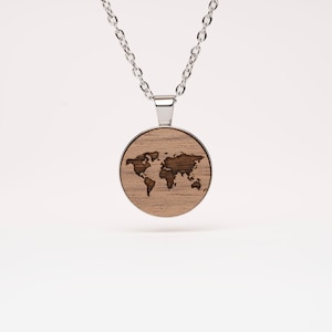 World map necklace in walnut, Maschd wooden jewelry, wooden necklace