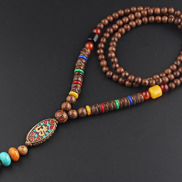 Handmade Nepalese Beaded Mala - Wooden Beads with Semi Precious Stones