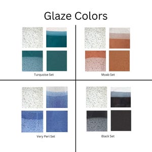 May include: Image displaying four sets of glaze color swatches: Turquoise, Moab, Very Peri, and Black. Each set includes two speckled and two solid color samples, showcasing the range of hues available for pottery or ceramic projects.