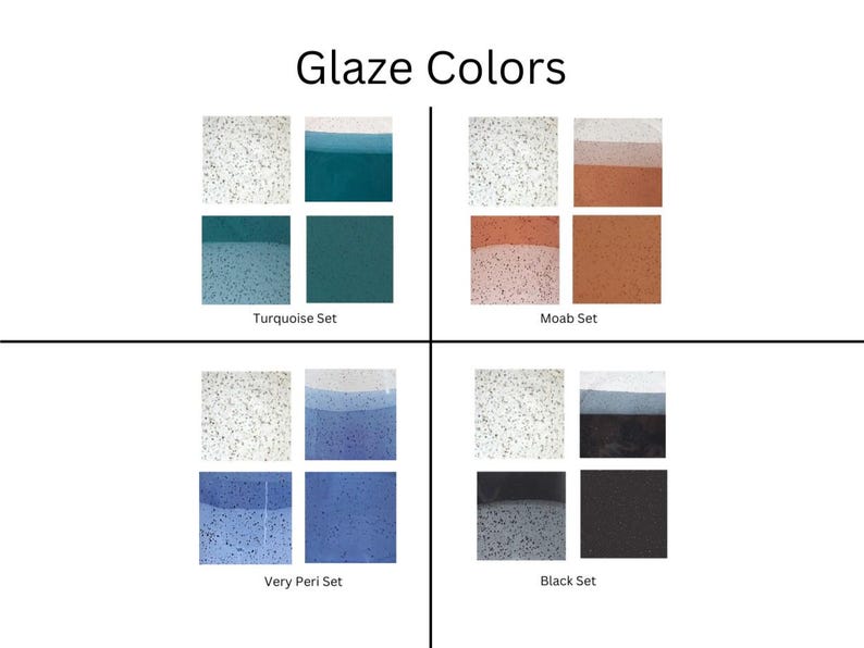 May include: Image displaying four sets of glaze color swatches: Turquoise, Moab, Very Peri, and Black. Each set includes two speckled and two solid color samples, showcasing the range of hues available for pottery or ceramic projects.